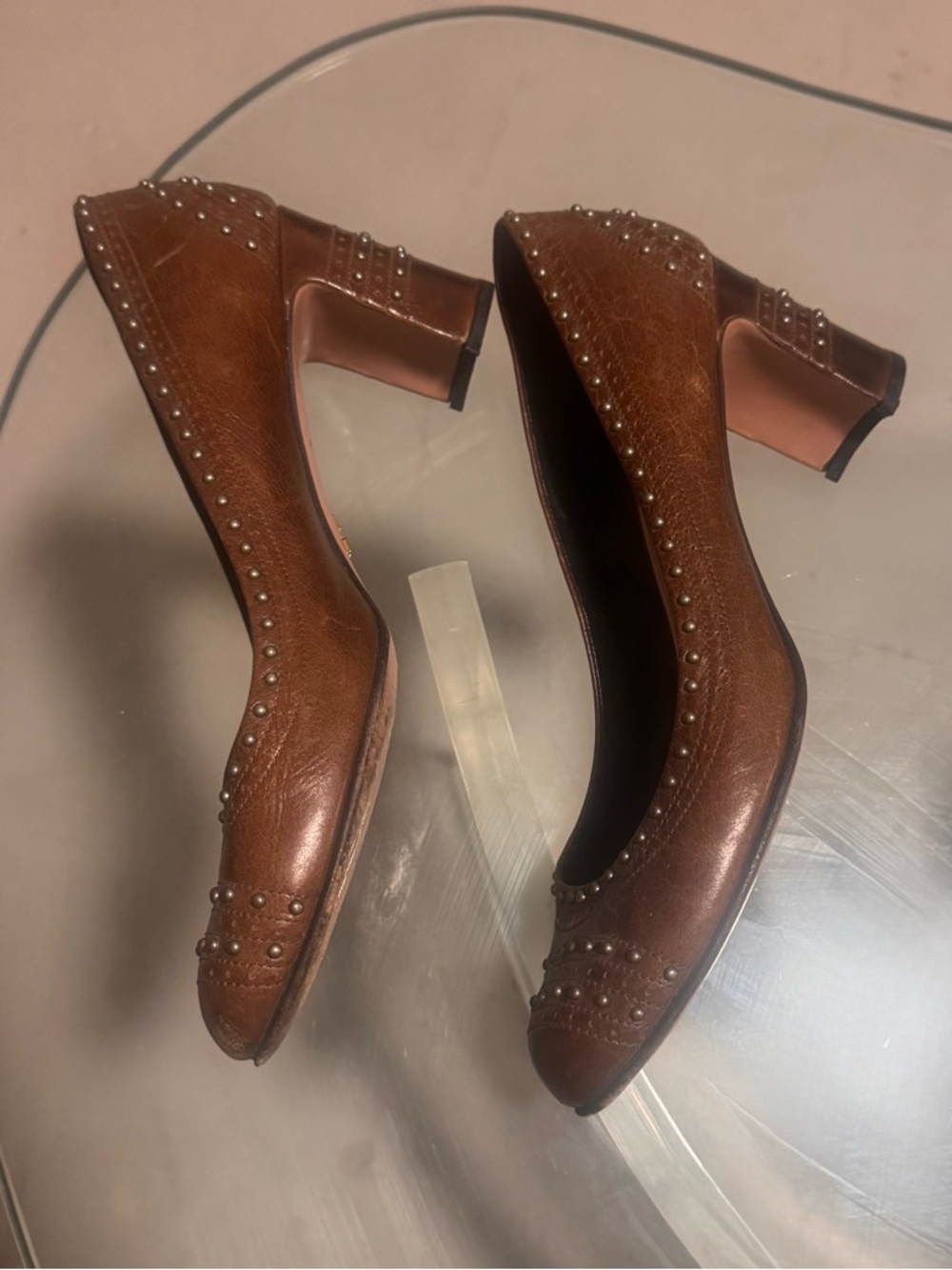 Prada Brown Studded Leather Heels - Picture 2 of 4